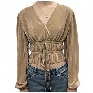 Sincerely Jules Beige Wrap Top with Long Sleeves and Ruffle Hem, Size Med